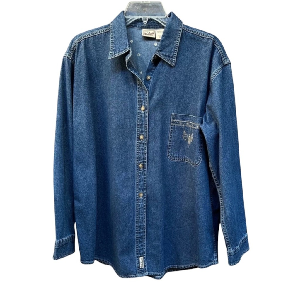 VTG WOOLRICH DENIM Button-Up Cotton Shirt EMBROIDERED CHRISTMAS ORNAMENTS sz S